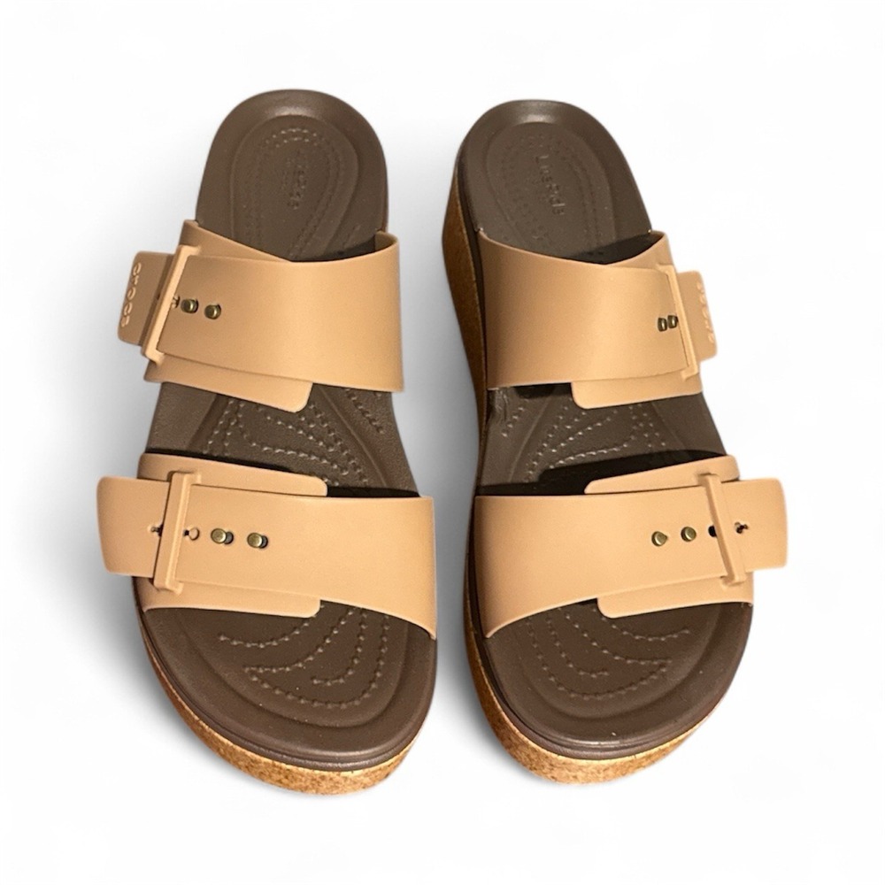 CROCS Tan and Brown Wedge Slide Sandals